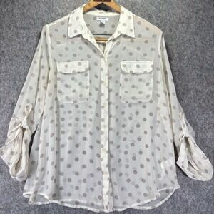 Old Navy Womens L Top Blouse Sheer White Polka Dot Top Button Roll Tab Sleeves